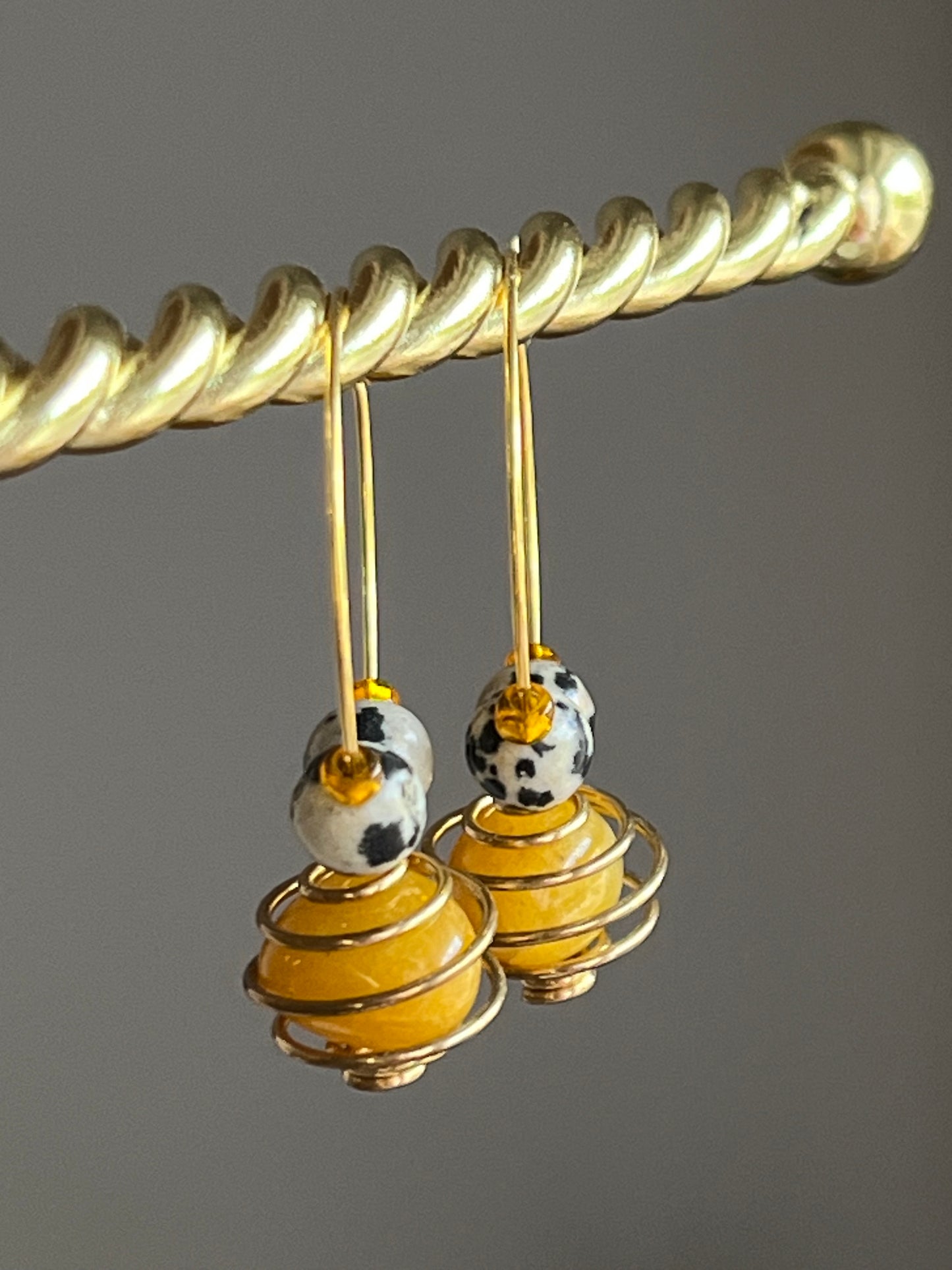 YELLOW AVENTURINE + DALMATIAN JASPER CAGED HOOP | GEMSTONE CRYSTAL Earrings