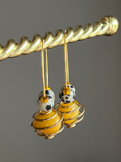 YELLOW AVENTURINE + DALMATIAN JASPER CAGED HOOP | GEMSTONE CRYSTAL Earrings