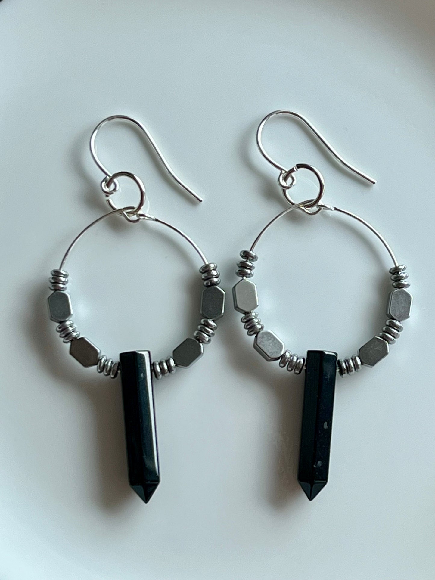 ONYZ HEX + HEMATITE HOOP-DANGLE | GEMSTONE CRYSTAL Earrings