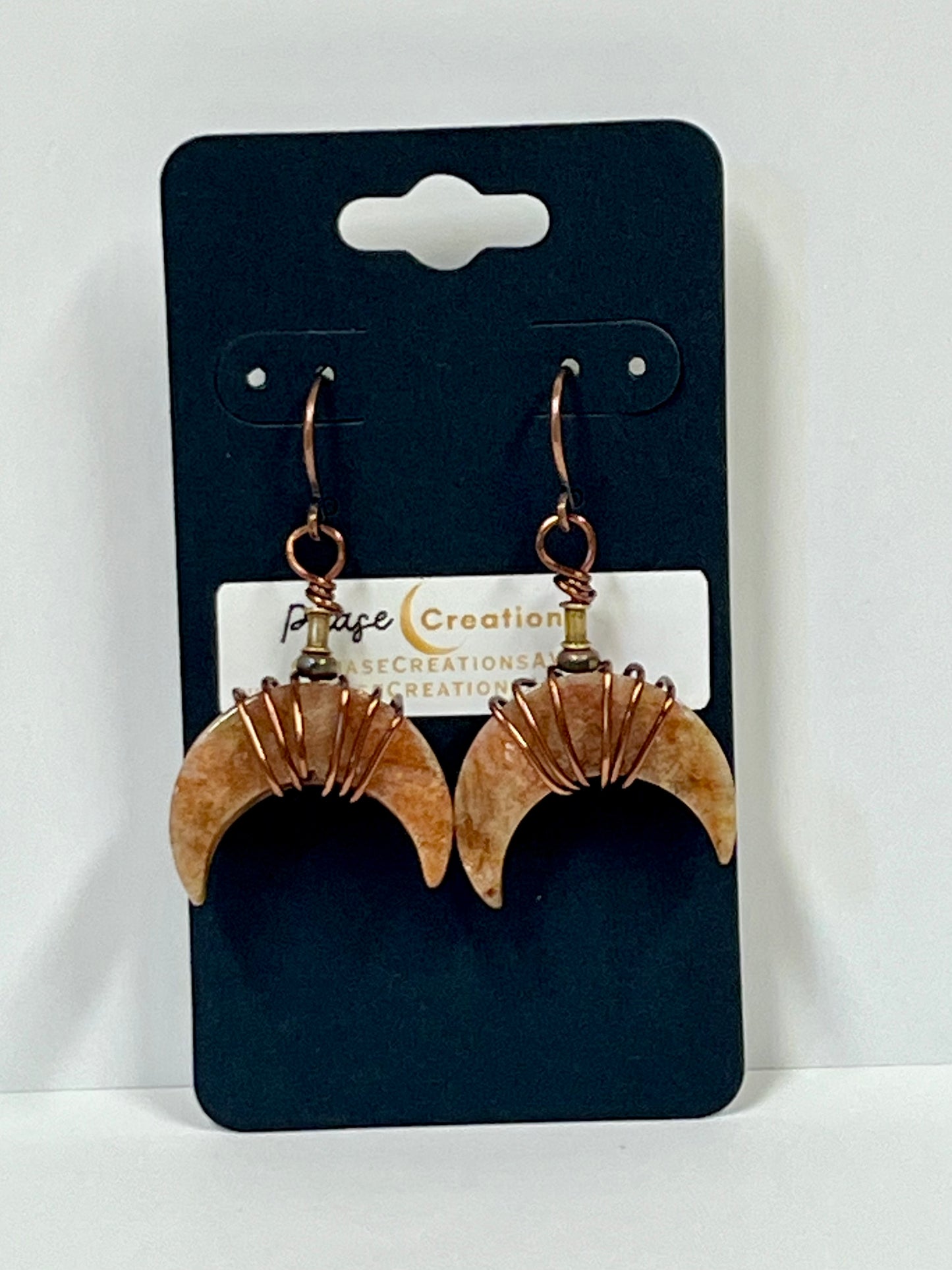 WIRE-WRAPPED PEACH MOONSTONE CRESCENT MOON DANGLES (ACP)| Gemstone Earrings