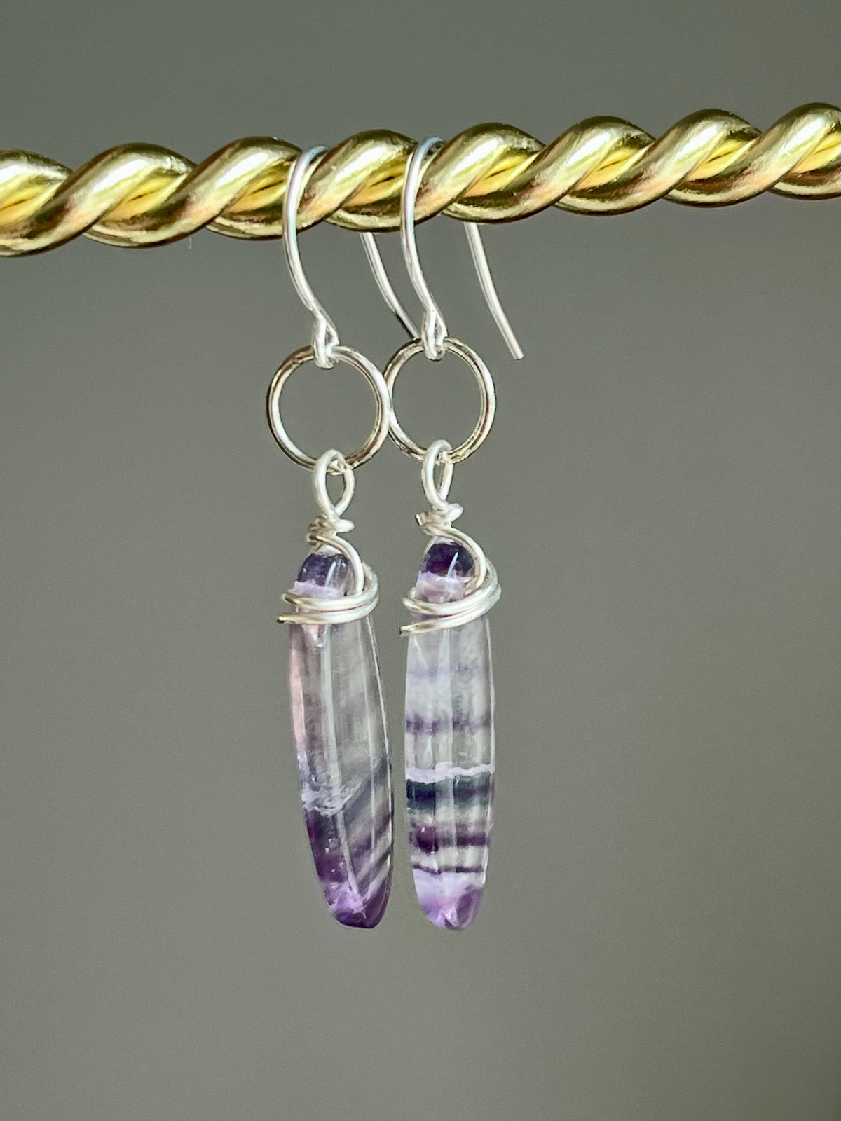 FLUORITE OVAL w/ WIRE WRAP | GEMSTONE CRYSTAL Earrings