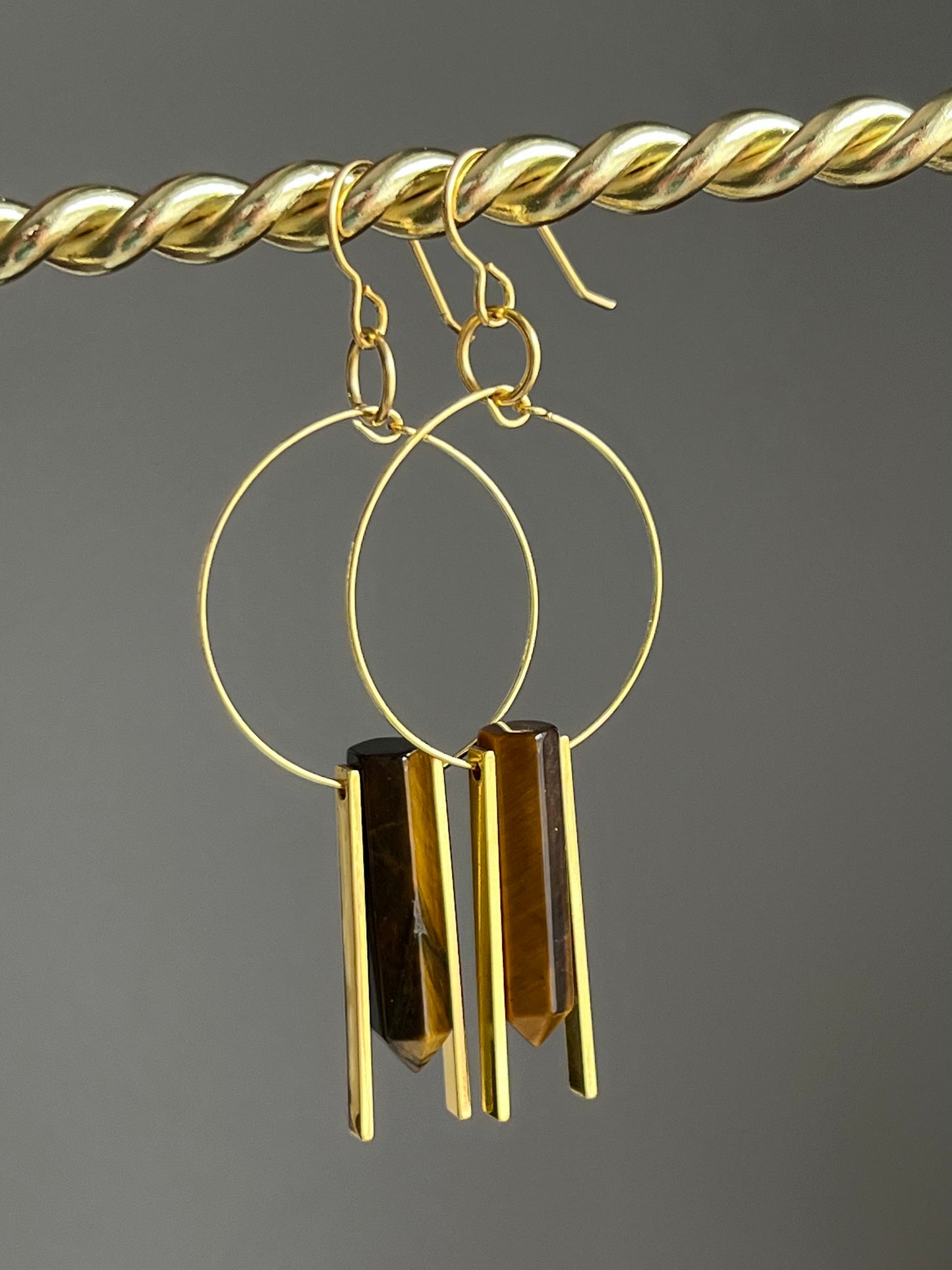 TIGER’S EYE HEX w/ GP RECTANGLES + BEADS | GEMSTONE CRYSTAL Earrings