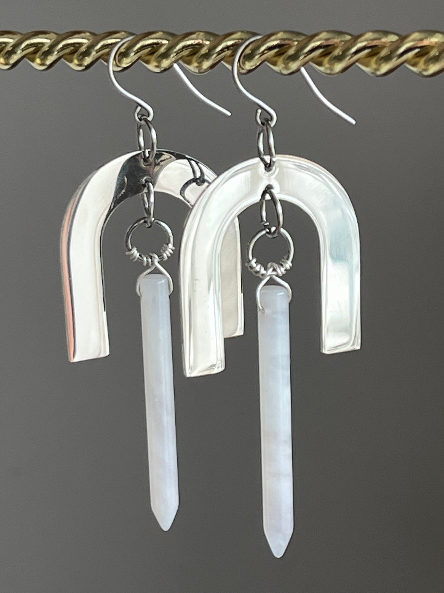 WIRE-WRAPPED LAVENDER QUARTZ + STAINLESS STEEL PITCH-FORK DESIGN | GEMSTONE CRYSTAL EARRINGS