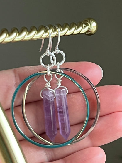 AMETHYST HEX HOOP DANGLES | GEMSTONE CRYSTAL Earrings