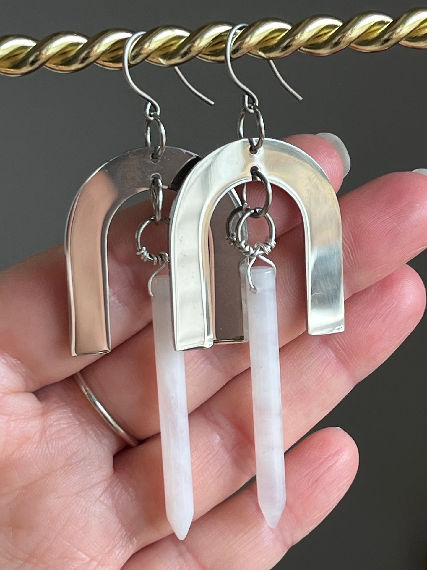 WIRE-WRAPPED LAVENDER QUARTZ + STAINLESS STEEL PITCH-FORK DESIGN | GEMSTONE CRYSTAL EARRINGS