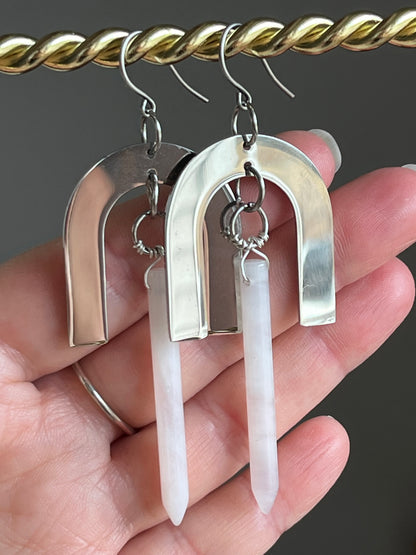 WIRE-WRAPPED LAVENDER QUARTZ + STAINLESS STEEL PITCH-FORK DESIGN | GEMSTONE CRYSTAL EARRINGS