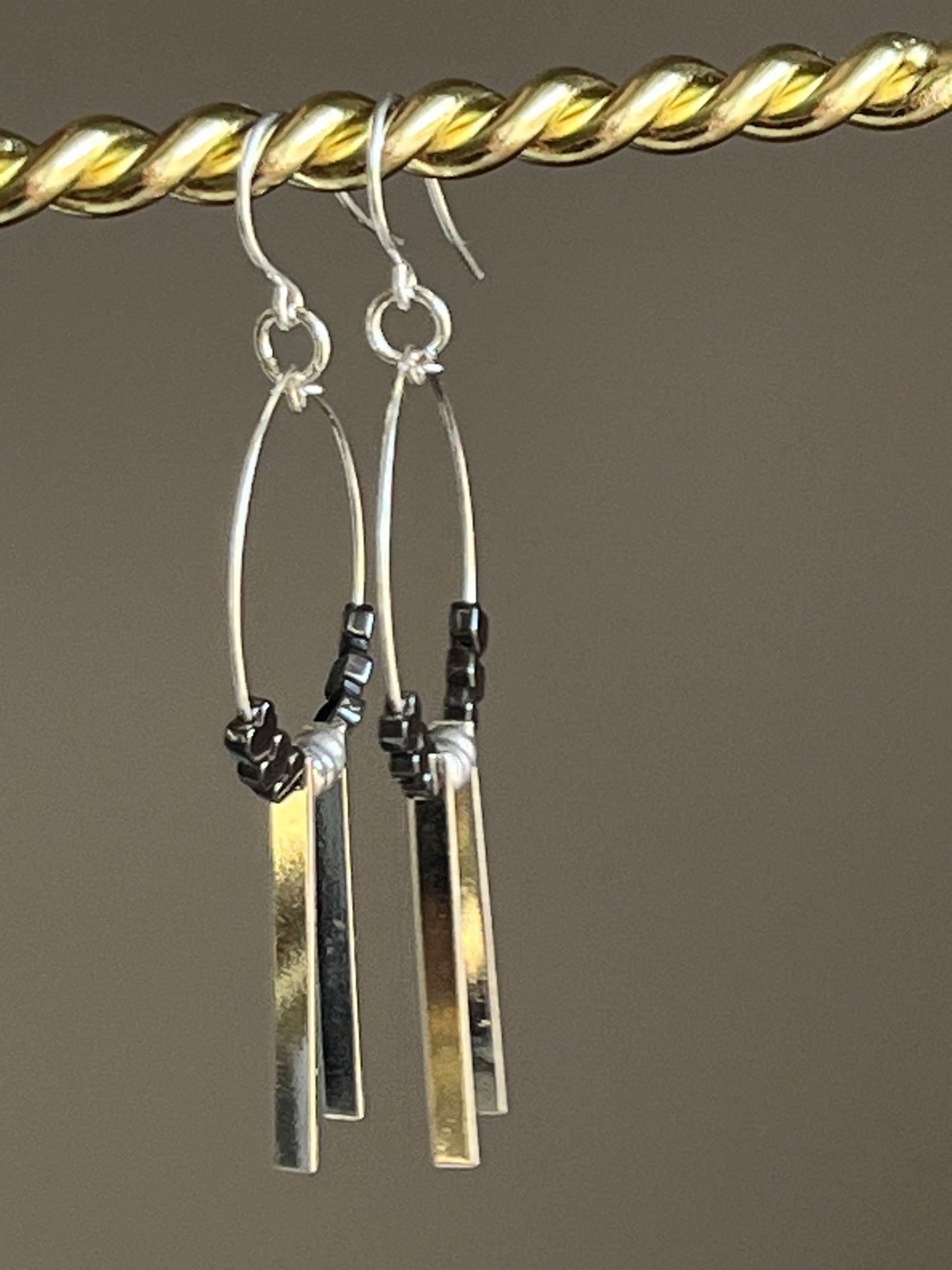 HEMATITE HEARTS w/ METAL RECTANGLES | GEMSTONE CRYSTAL Earrings