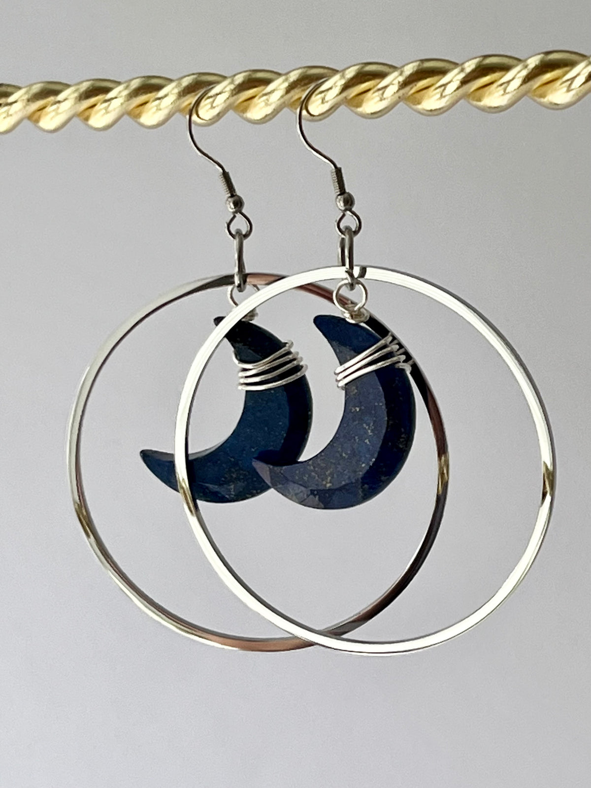 “HANG THE MOON” WIRE-WRAPPED LAPIS LAZULI CRESCENT HOOP-DANGLES (SS) | Gemstone Earrings