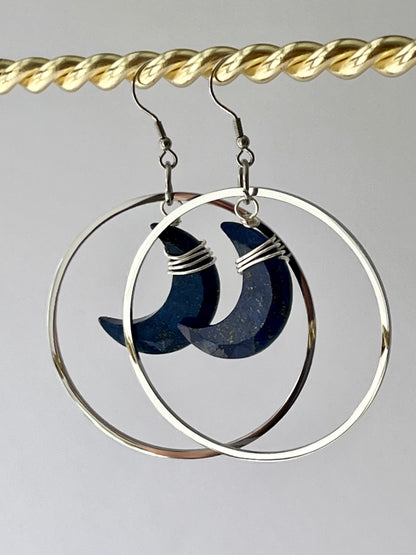 “HANG THE MOON” WIRE-WRAPPED LAPIS LAZULI CRESCENT HOOP-DANGLES (SS) | Gemstone Earrings