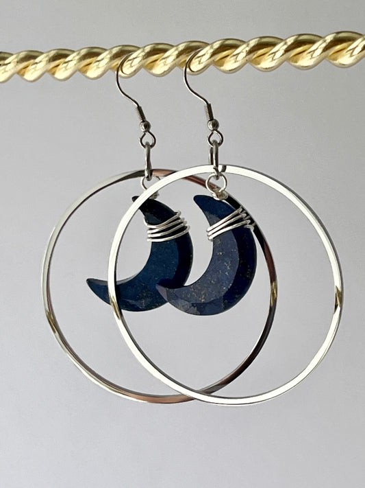 “HANG THE MOON” WIRE-WRAPPED LAPIS LAZULI CRESCENT HOOP-DANGLES (SS) | Gemstone Earrings