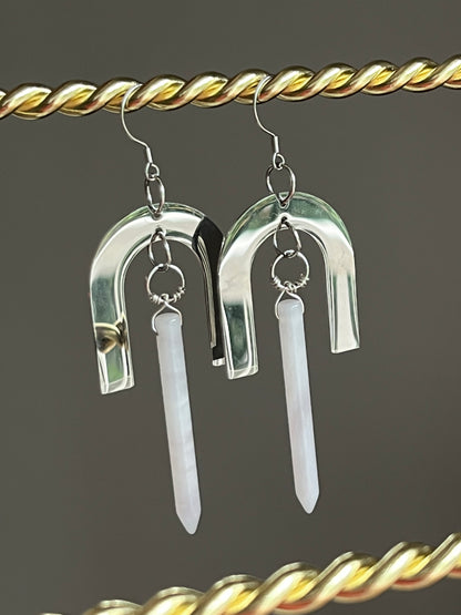 WIRE-WRAPPED LAVENDER QUARTZ + STAINLESS STEEL PITCH-FORK DESIGN | GEMSTONE CRYSTAL EARRINGS