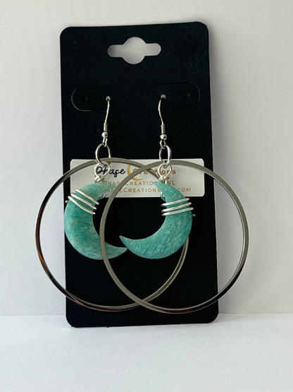 “HANG THE MOON” : AMAZONITE WIRE-WRAPPED CRESCENT MOON HOOP-DANGLES | GEMSTONE CRYSTAL Earrings