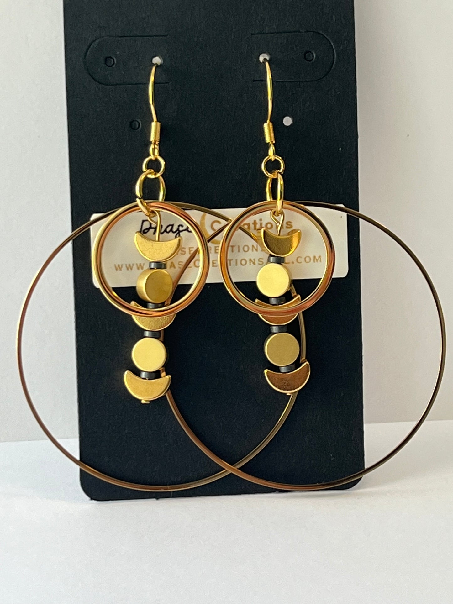 GOLD + BRASS MOON ORBIT HOOP-DANGLES (SS) | Earrings