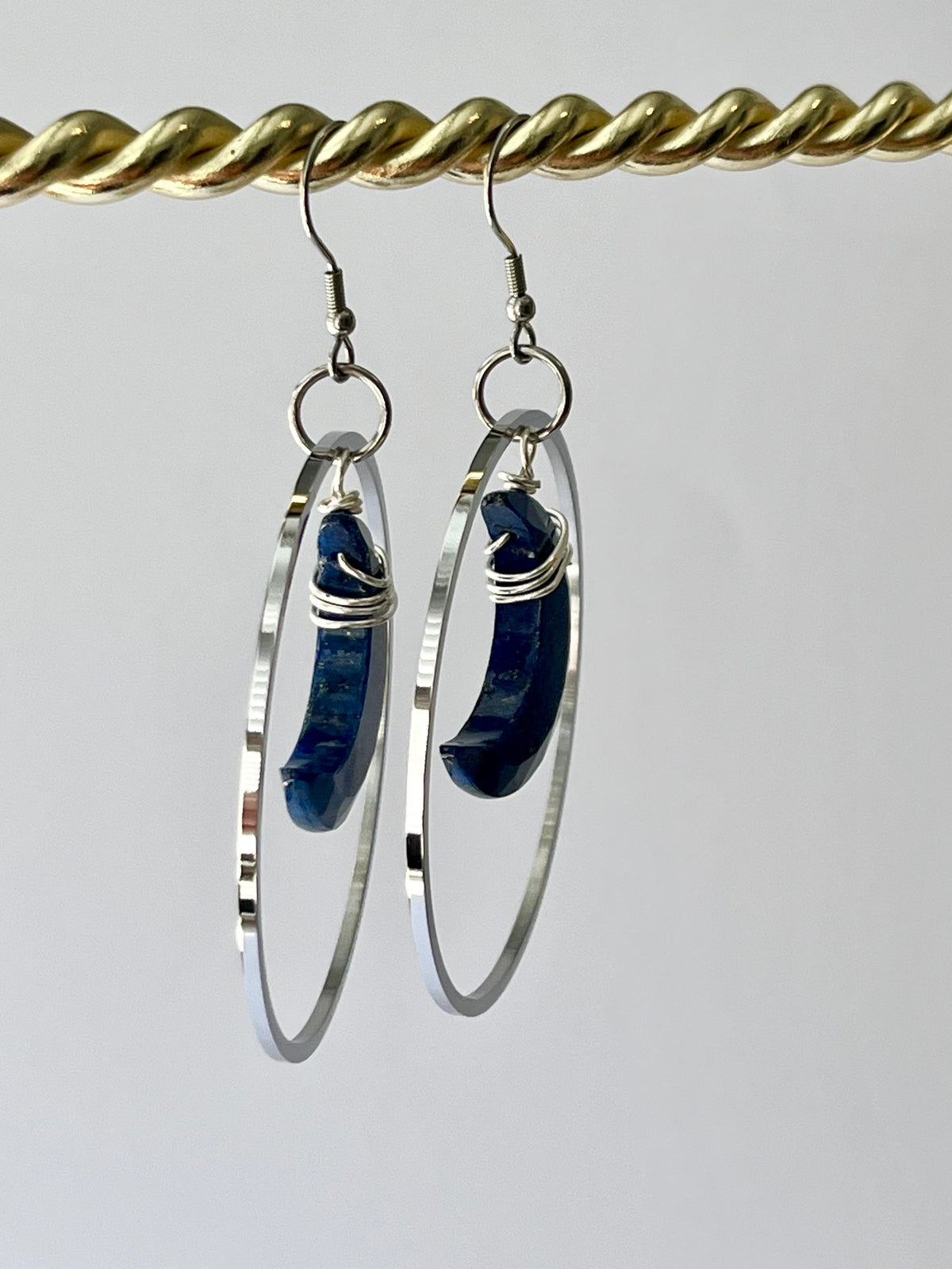 “HANG THE MOON” WIRE-WRAPPED LAPIS LAZULI CRESCENT HOOP-DANGLES (SS) | Gemstone Earrings