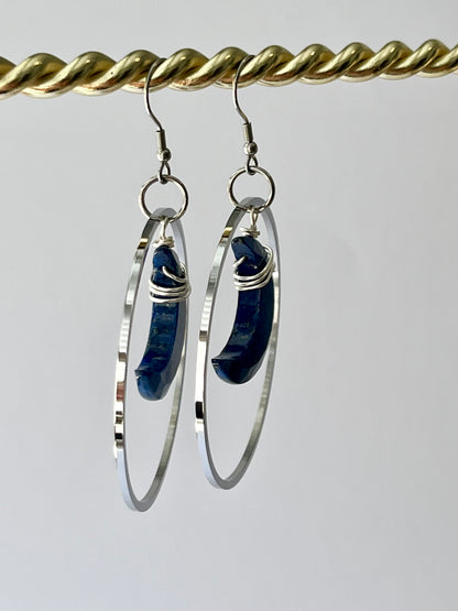 “HANG THE MOON” WIRE-WRAPPED LAPIS LAZULI CRESCENT HOOP-DANGLES (SS) | Gemstone Earrings