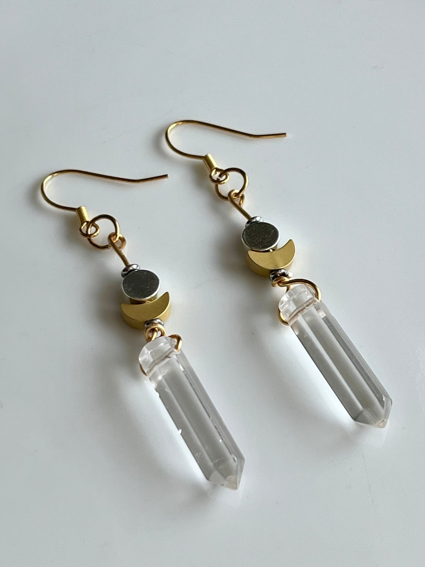 CLEAR QUARTZ HEX w/ MOONS | GEMSTONE CRYSTAL Earrings
