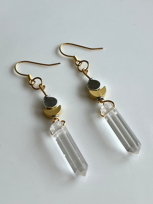 CLEAR QUARTZ HEX w/ MOONS | GEMSTONE CRYSTAL Earrings