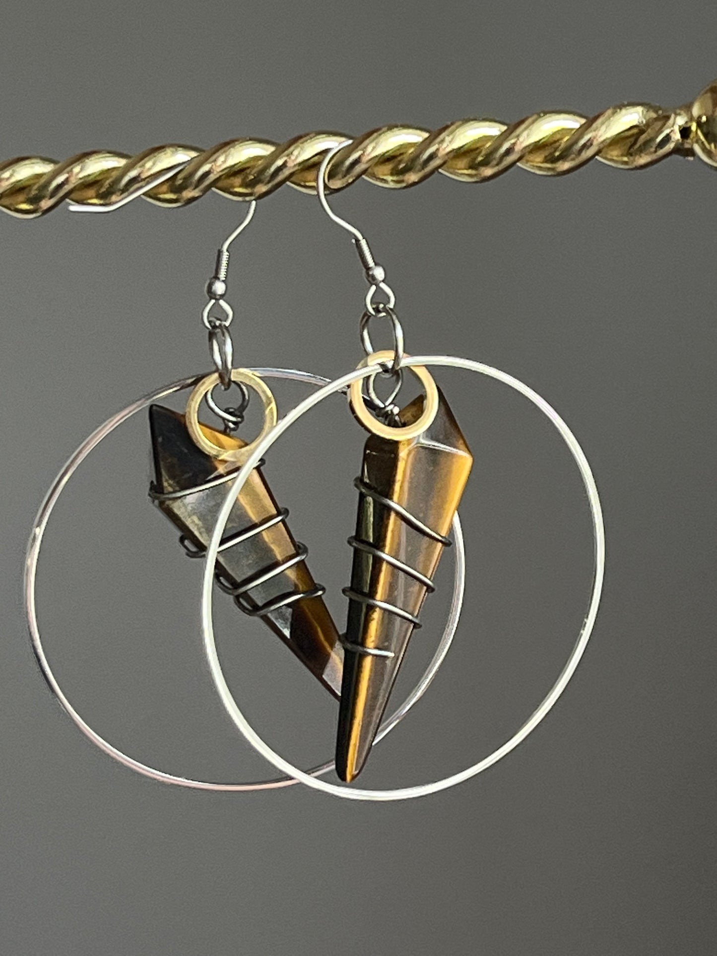 WIRE-WRAPPED TIGER’S EYE KITE MODERN HOOP-DANGLES| GEMSTONE CRYSTAL Earrings