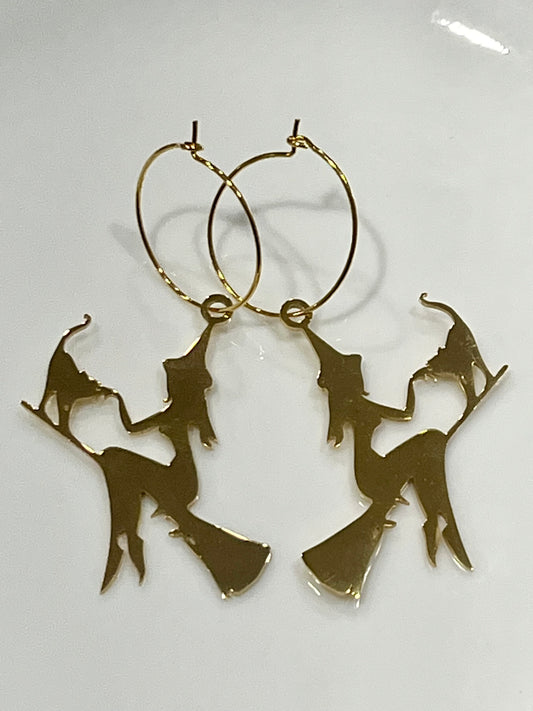 FLYING WITCH + CAT ON BROOMSTICK| Earrings
