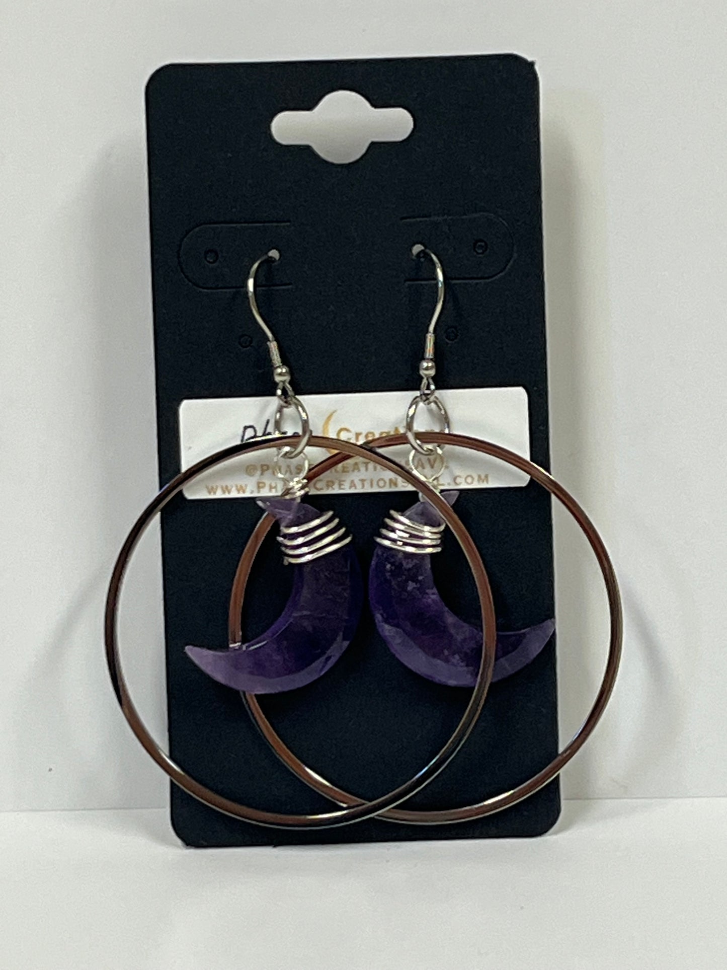 “HANG THE MOON” WIRE-WRAPPED AMETHYST CRESCENT MOON HOOP-DANGLES (SS) | Gemstone Earrings