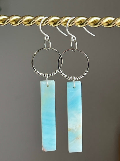 WIRE-WRAPPED AMAZONITE CLOUD RECTANGLE HOOP-DANGLE | GEMSTONE CRYSTAL Earrings