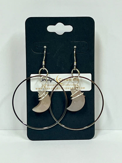 “BABY HANG THE MOON” WIRE-WRAPPED PEACH MOONSTONE CRESCENT HOOP-DANGLES (SS) | Gemstone Earrings