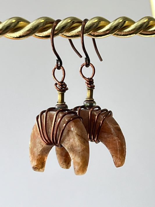WIRE-WRAPPED PEACH MOONSTONE CRESCENT MOON DANGLES (ACP)| Gemstone Earrings