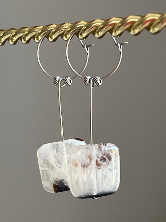 B+W CHUNKY SQUARE AGATE| GEMSTONE CRYSTAL Earrings