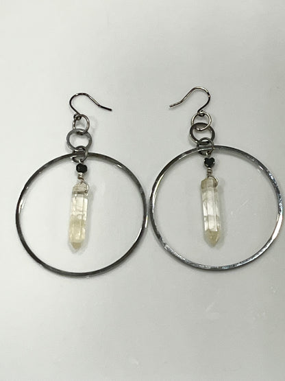 CITRINE HEX w/ MINI HEMATITE HOOP DANGLES | GEMSTONE CRYSTAL Earrings
