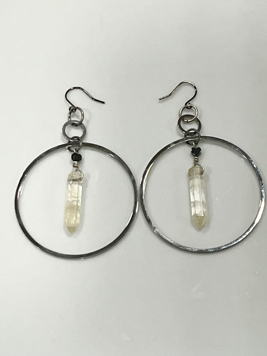 CITRINE HEX w/ MINI HEMATITE HOOP DANGLES | GEMSTONE CRYSTAL Earrings