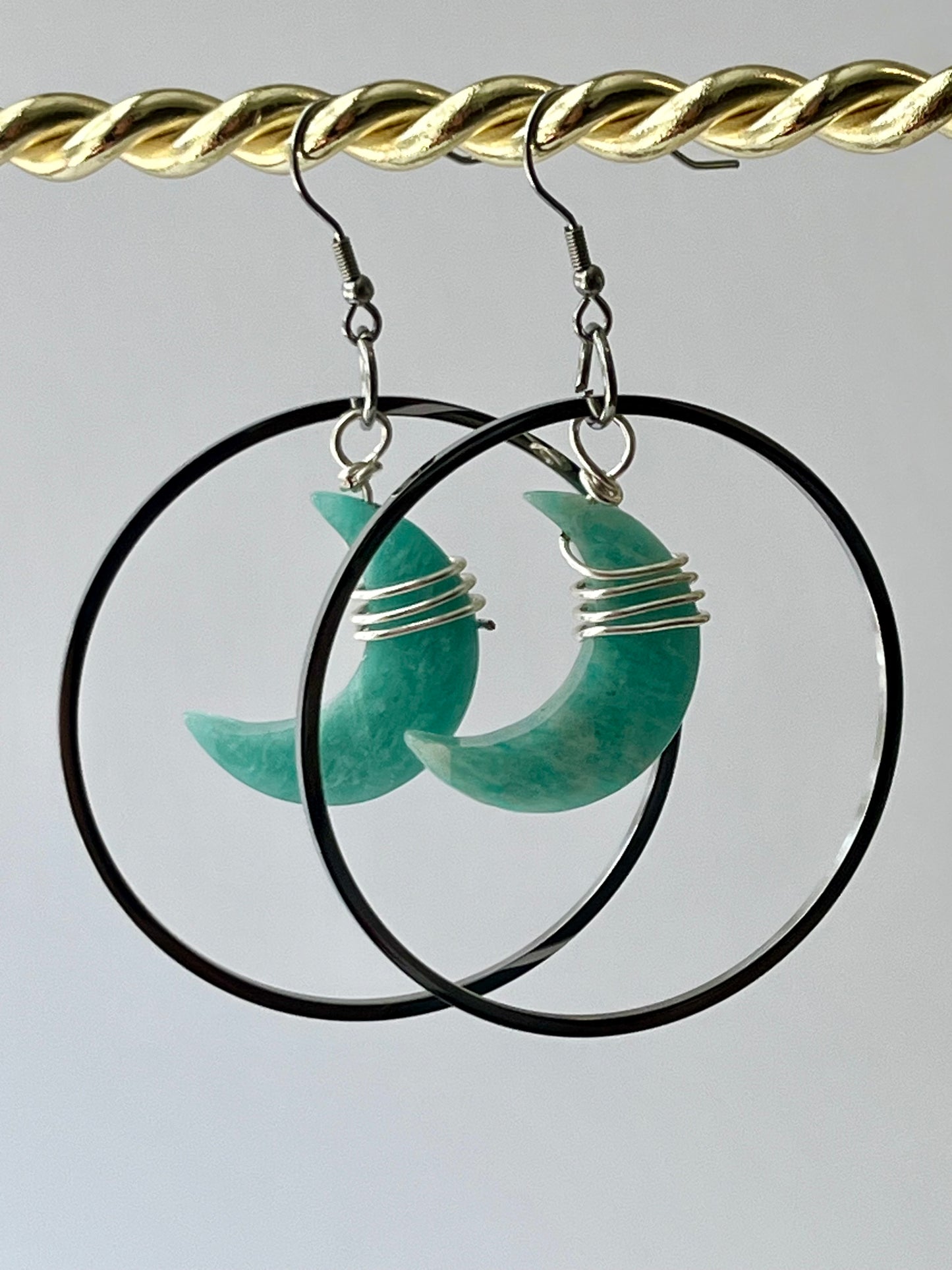 “HANG THE MOON” : AMAZONITE WIRE-WRAPPED CRESCENT MOON HOOP-DANGLES | GEMSTONE CRYSTAL Earrings