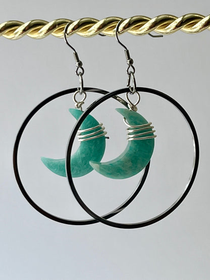 “HANG THE MOON” : AMAZONITE WIRE-WRAPPED CRESCENT MOON HOOP-DANGLES | GEMSTONE CRYSTAL Earrings
