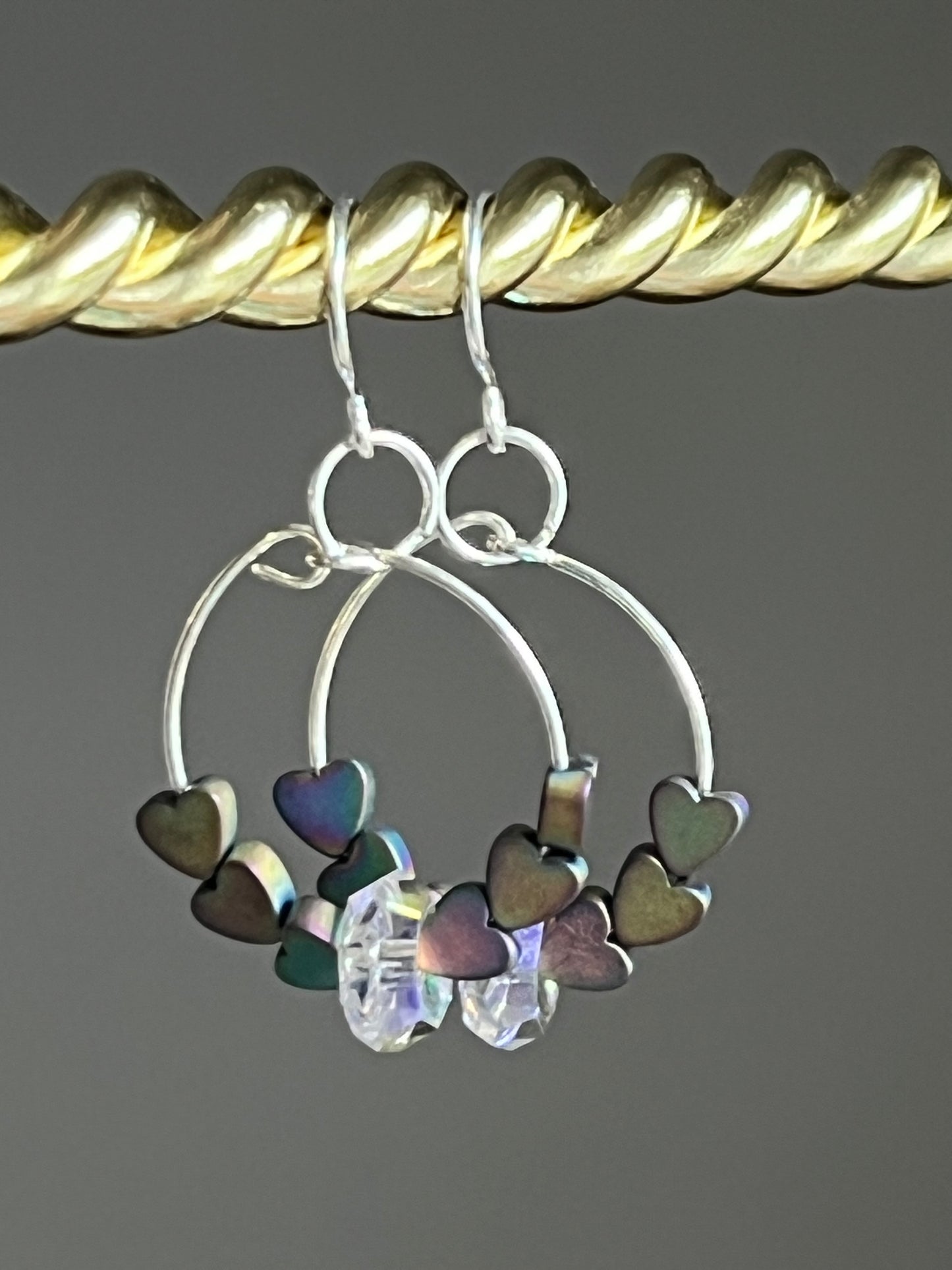 RAINBOW HEMATITE HEARTS w/ SWAROVSKI CRYSTALS |  GEMSTONE CRYSTAL Earrings
