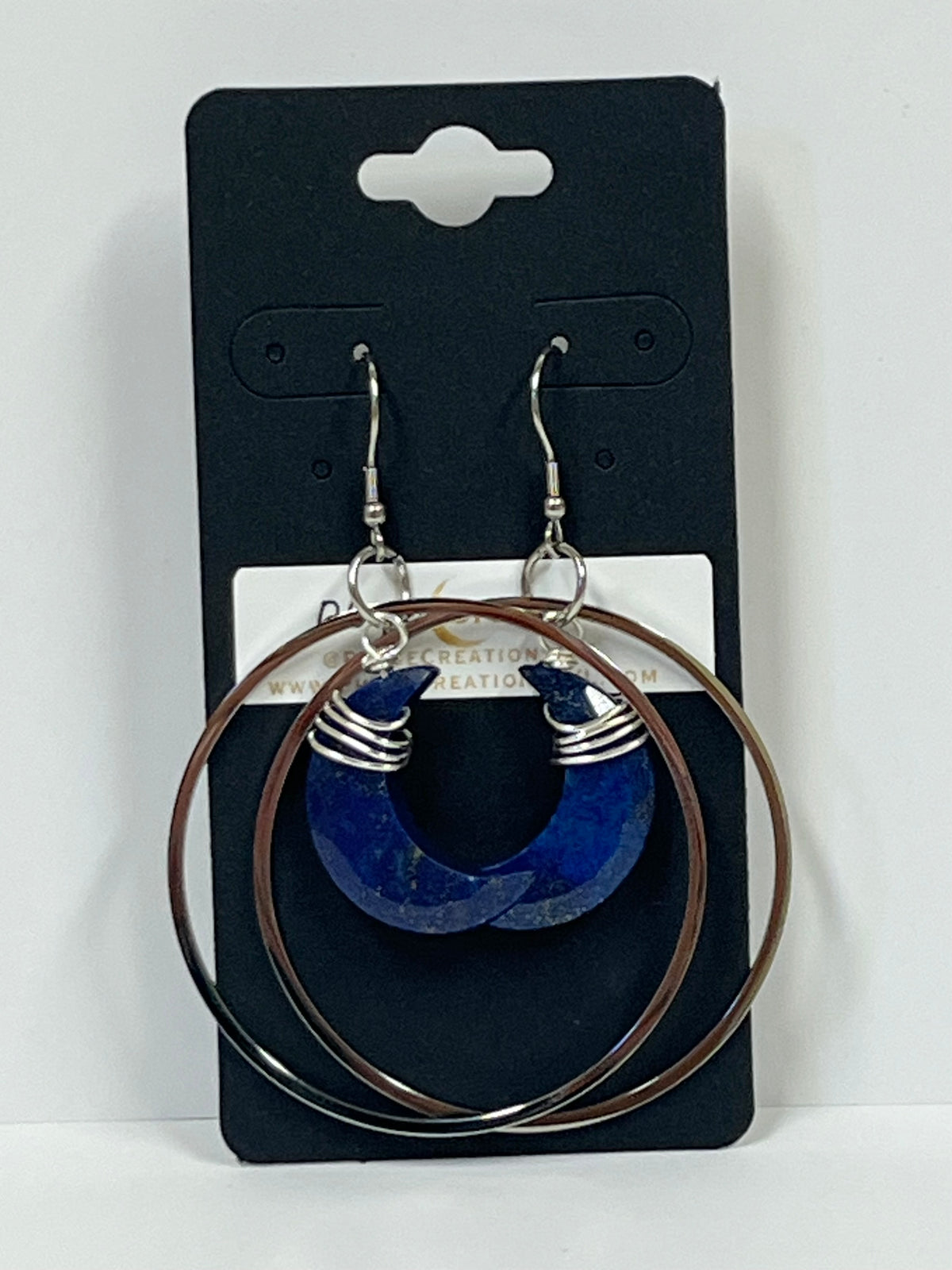 “HANG THE MOON” WIRE-WRAPPED LAPIS LAZULI CRESCENT HOOP-DANGLES (SS) | Gemstone Earrings