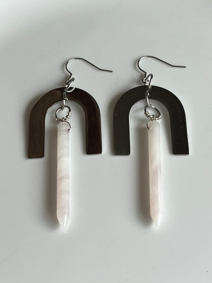 WIRE-WRAPPED LAVENDER QUARTZ + STAINLESS STEEL PITCH-FORK DESIGN | GEMSTONE CRYSTAL EARRINGS