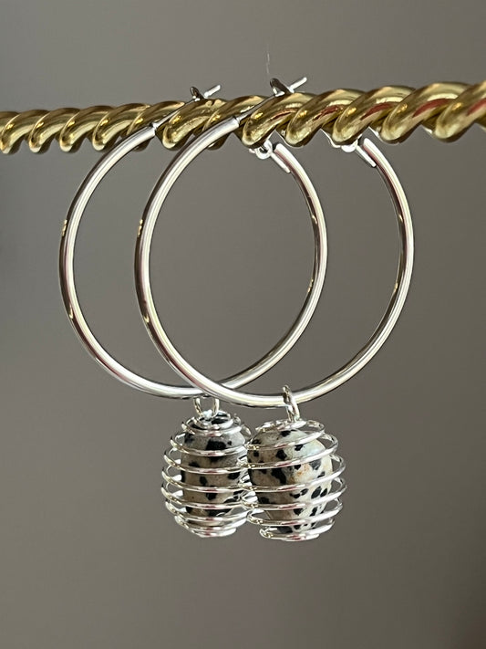 CAGED DALMATIAN JASPER HOOP | GEMSTONE CRYSTAL Earrings