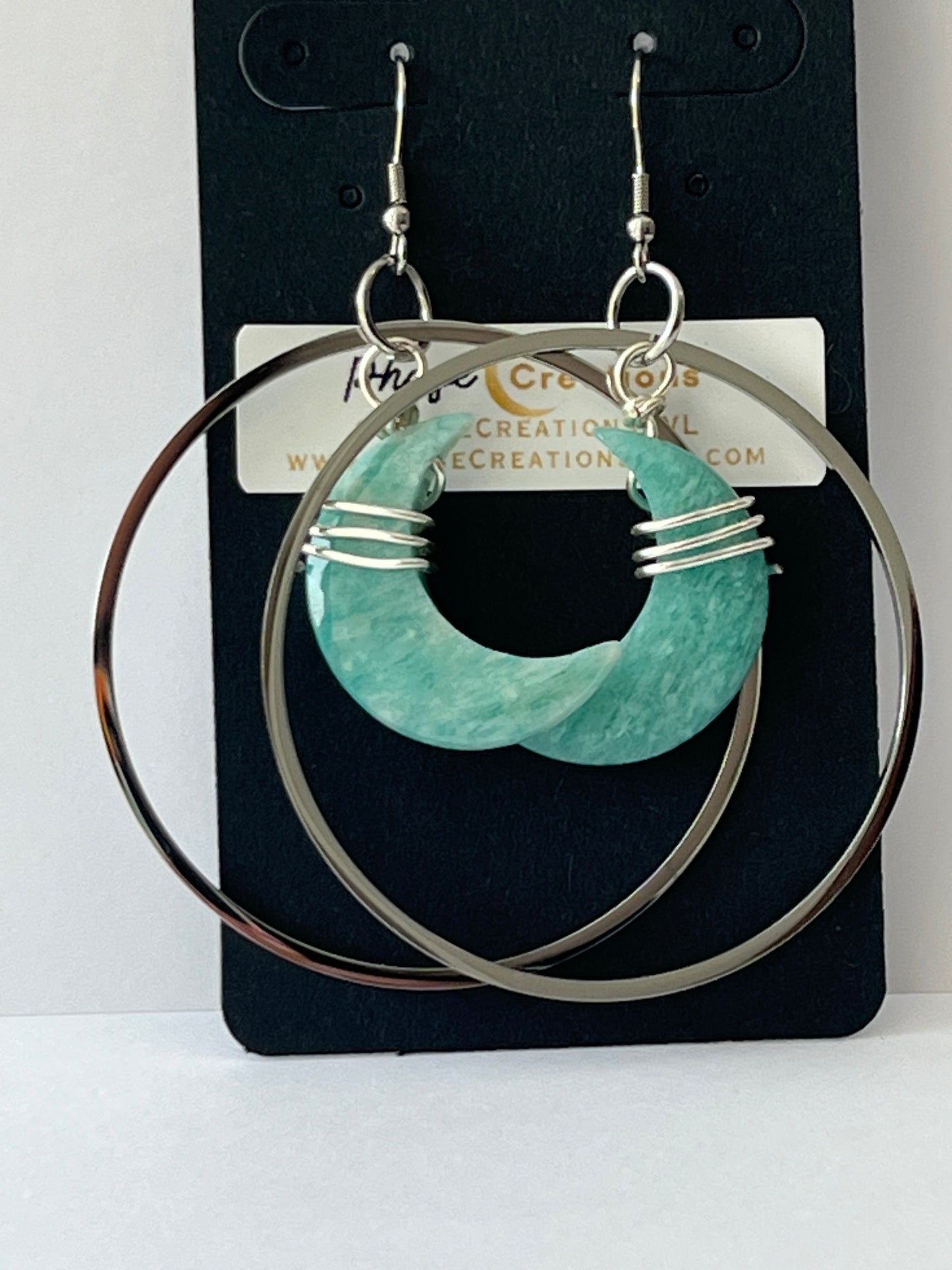 “HANG THE MOON” : AMAZONITE WIRE-WRAPPED CRESCENT MOON HOOP-DANGLES | GEMSTONE CRYSTAL Earrings