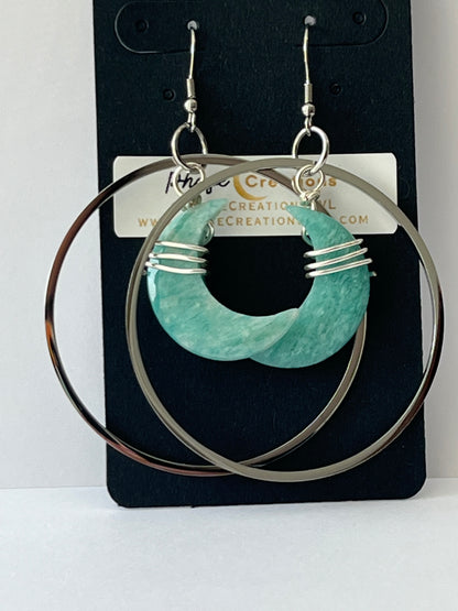 “HANG THE MOON” : AMAZONITE WIRE-WRAPPED CRESCENT MOON HOOP-DANGLES | GEMSTONE CRYSTAL Earrings