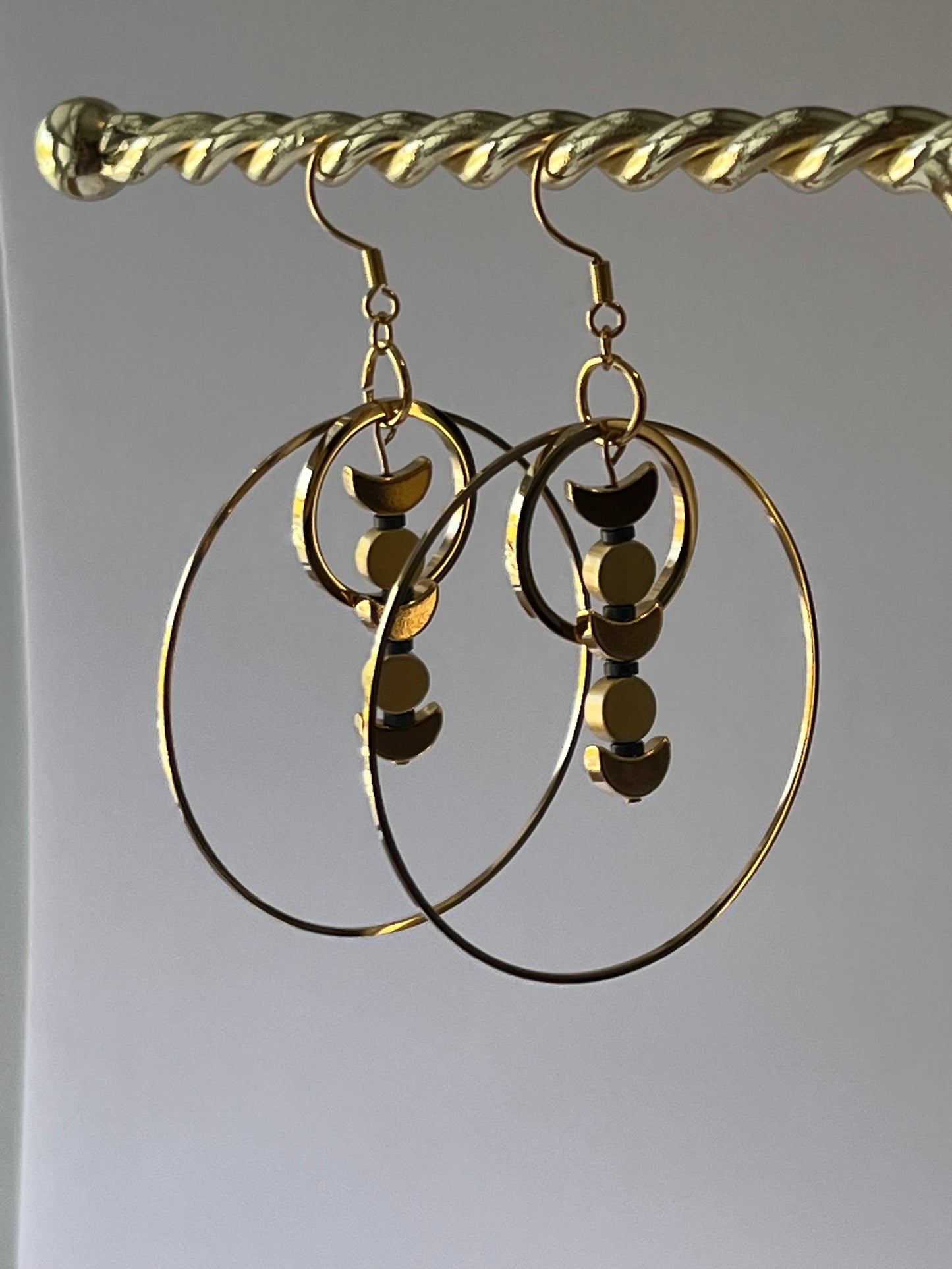 GOLD + BRASS MOON ORBIT HOOP-DANGLES (SS) | Earrings