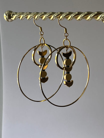 GOLD + BRASS MOON ORBIT HOOP-DANGLES (SS) | Earrings