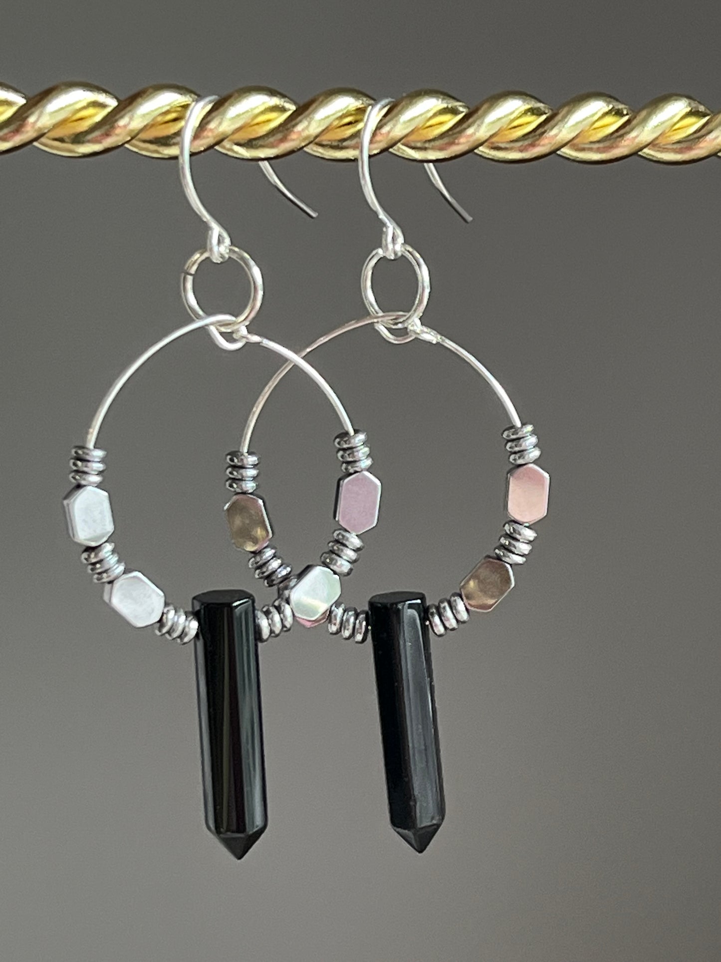 ONYZ HEX + HEMATITE HOOP-DANGLE | GEMSTONE CRYSTAL Earrings