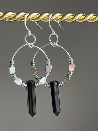 ONYZ HEX + HEMATITE HOOP-DANGLE | GEMSTONE CRYSTAL Earrings