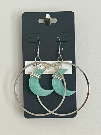 “HANG THE MOON” : AMAZONITE WIRE-WRAPPED CRESCENT MOON HOOP-DANGLES | GEMSTONE CRYSTAL Earrings