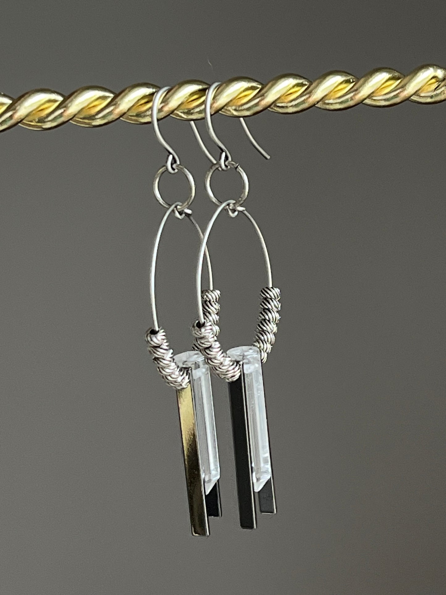 CLEAR QUARTZ HEX w/ SP RECTANGLES + BEADS | GEMSTONE CRYSTAL Earrings