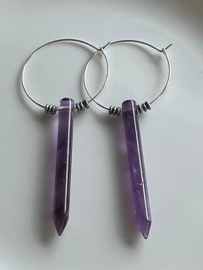 AMETHYST POINT w/ SILVER HEMATITE HOOPS | GEMSTONE CRYSTAL Earrings