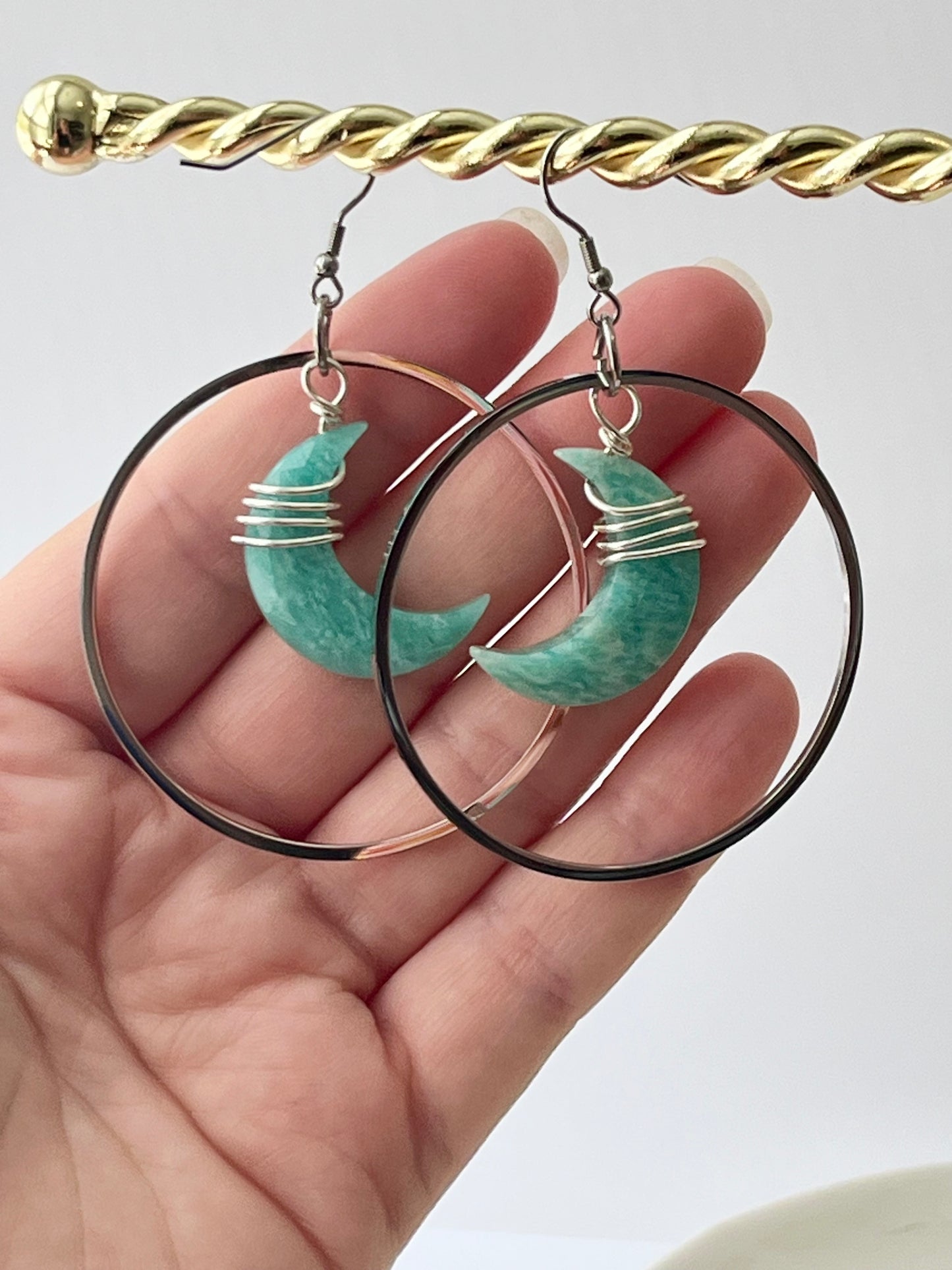 “HANG THE MOON” : AMAZONITE WIRE-WRAPPED CRESCENT MOON HOOP-DANGLES | GEMSTONE CRYSTAL Earrings
