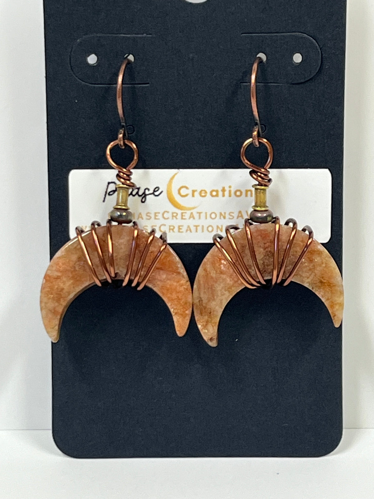 WIRE-WRAPPED PEACH MOONSTONE CRESCENT MOON DANGLES (ACP)| Gemstone Earrings