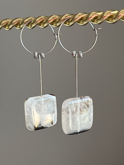 B+W CHUNKY SQUARE AGATE| GEMSTONE CRYSTAL Earrings