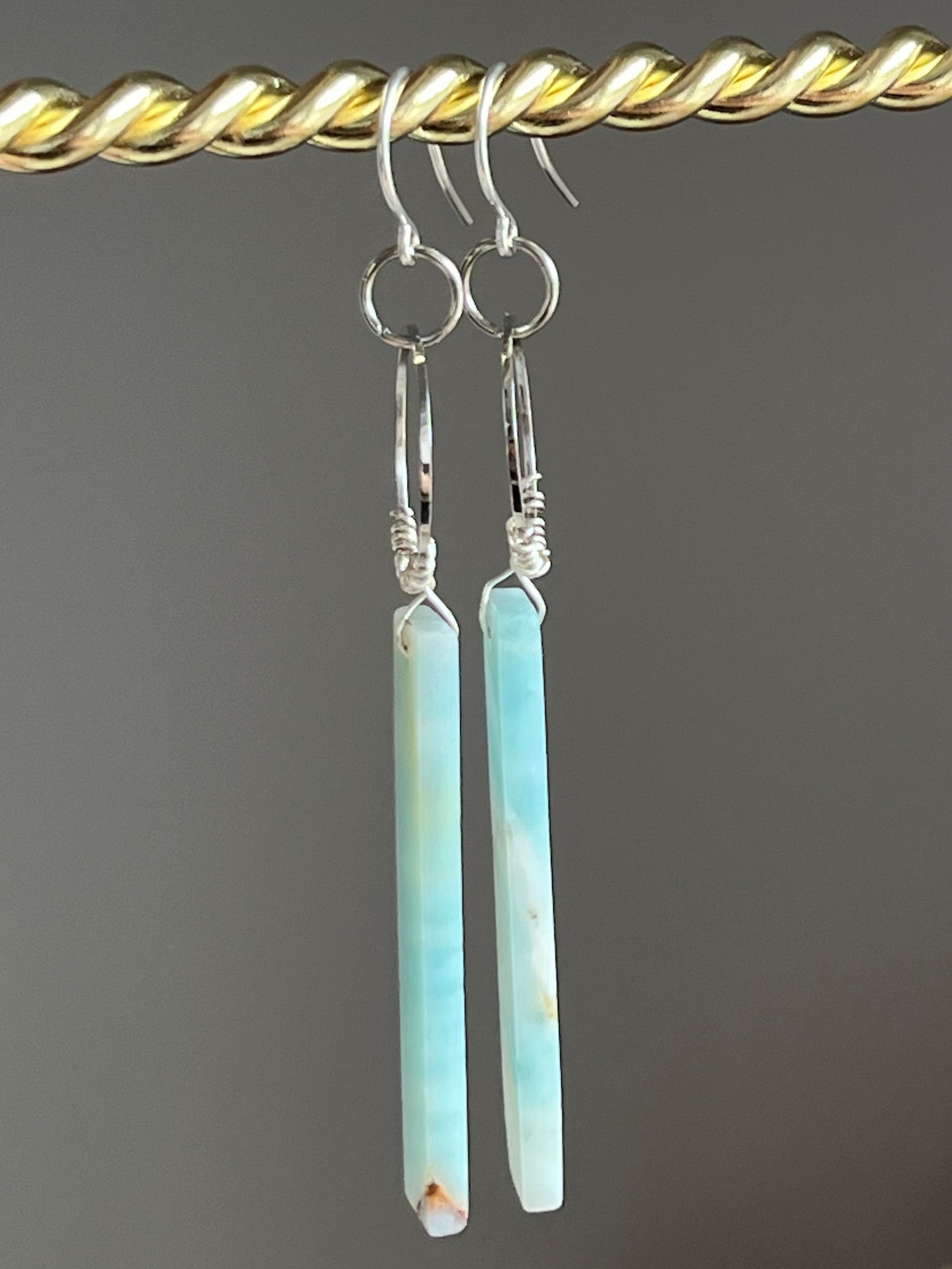 WIRE-WRAPPED AMAZONITE CLOUD RECTANGLE HOOP-DANGLE | GEMSTONE CRYSTAL Earrings