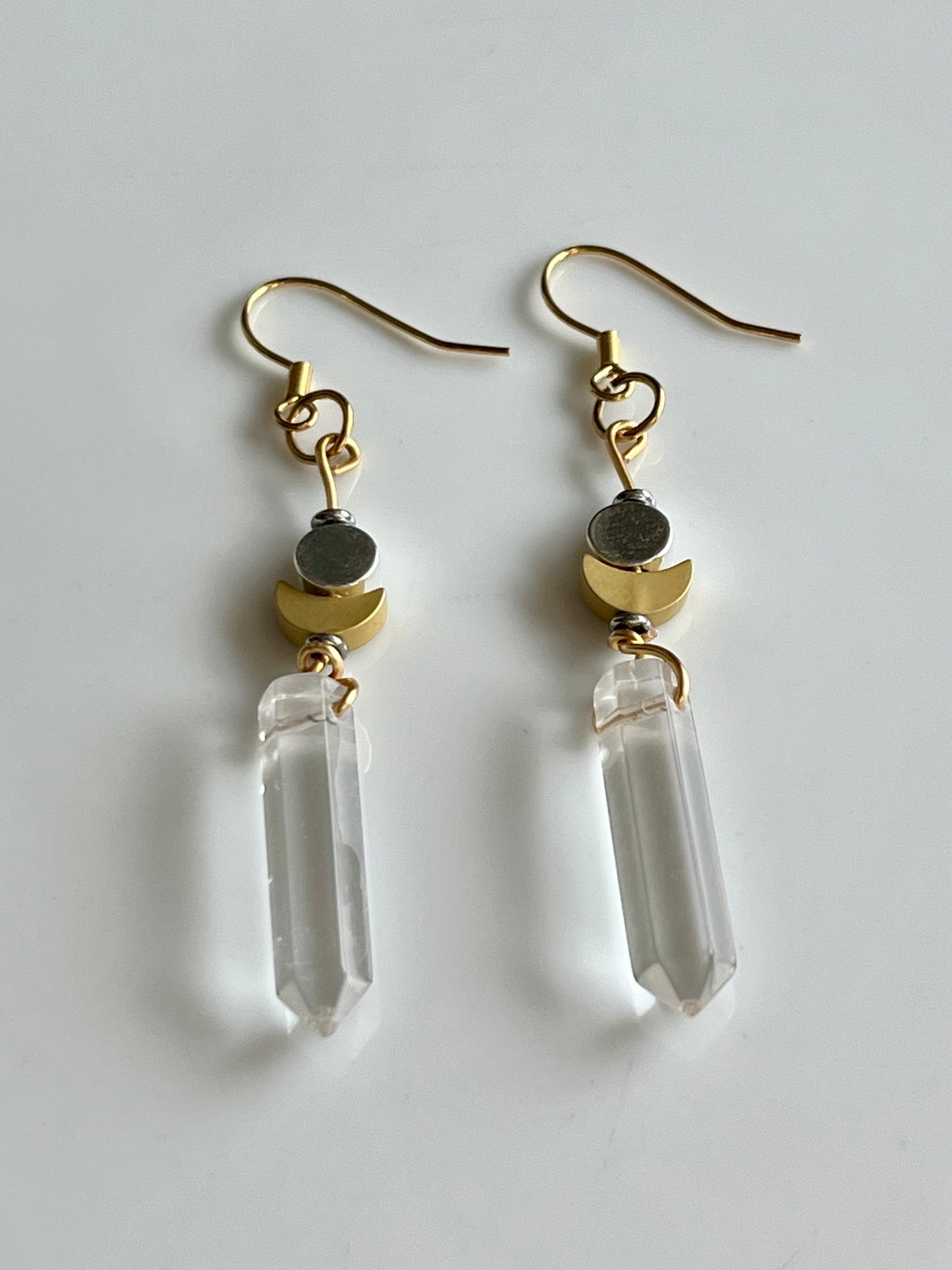 CLEAR QUARTZ HEX w/ MOONS | GEMSTONE CRYSTAL Earrings